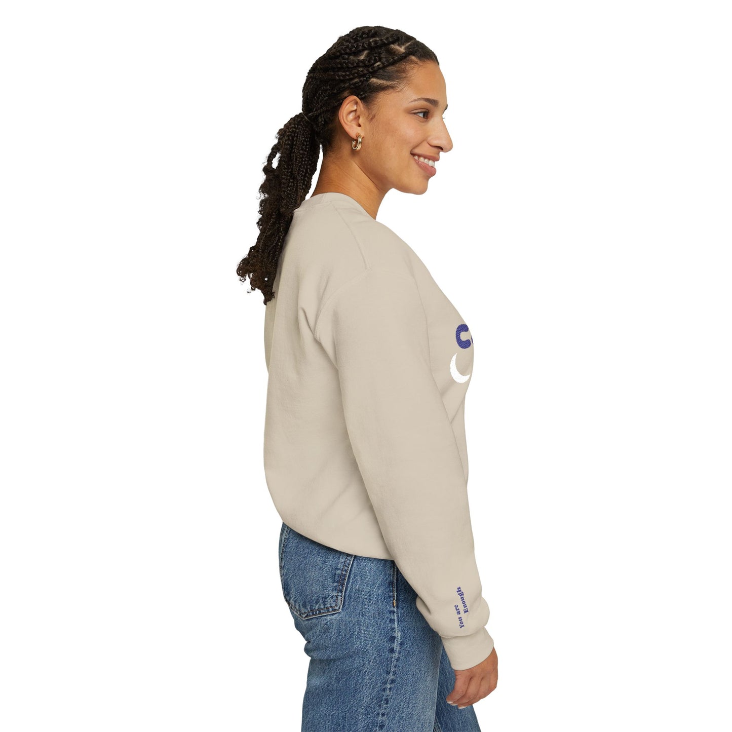 Cosmic Comfort Club Crewneck Sweatshirt — "You are enough" Sleeve
