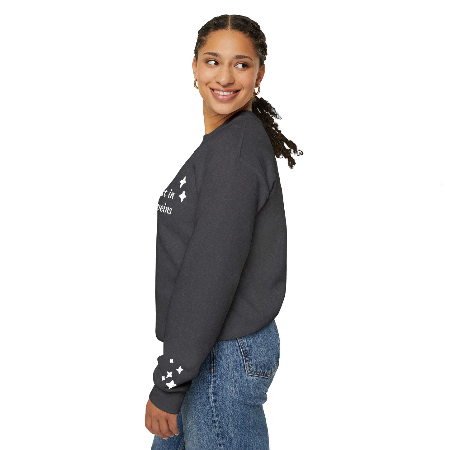 Stardust in Your Veins Crewneck Sweatshirt — "Keep glowing" Sleeve