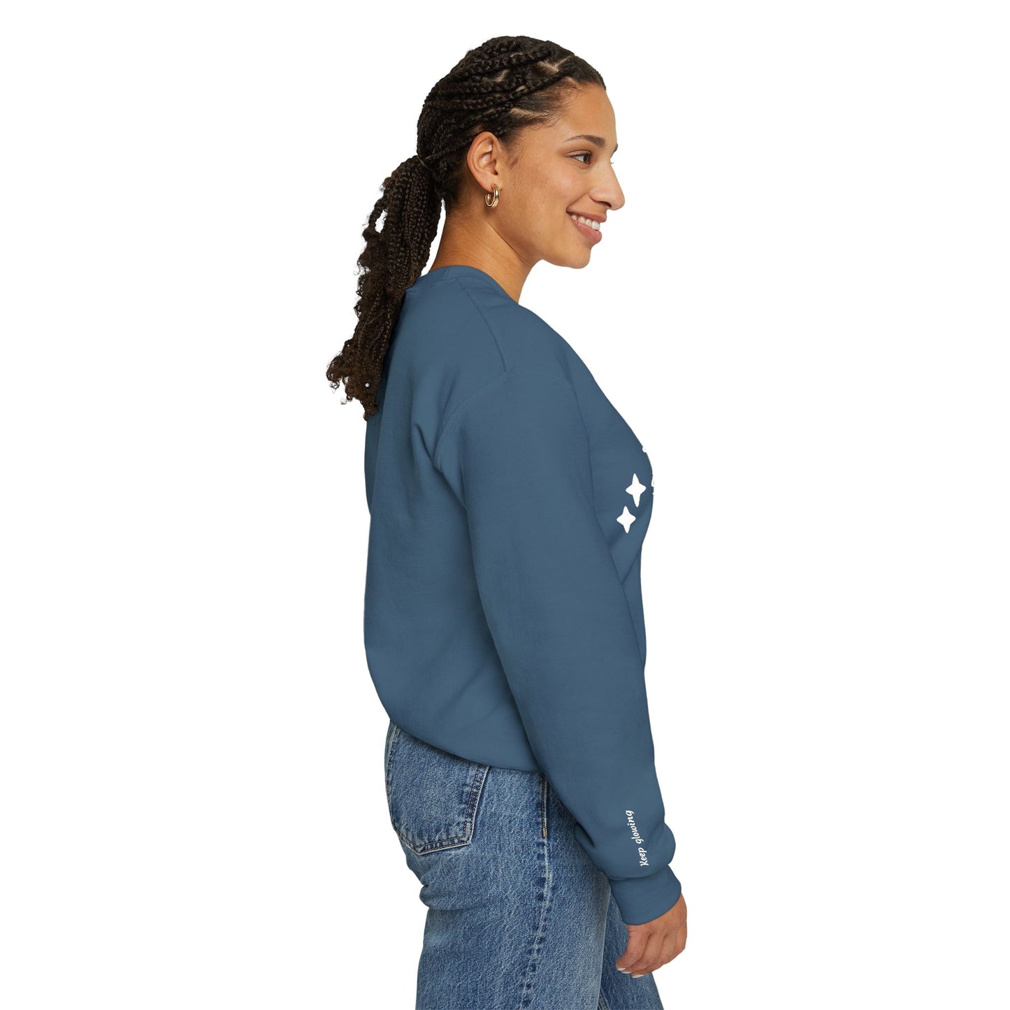 Stardust in Your Veins Crewneck Sweatshirt — "Keep glowing" Sleeve