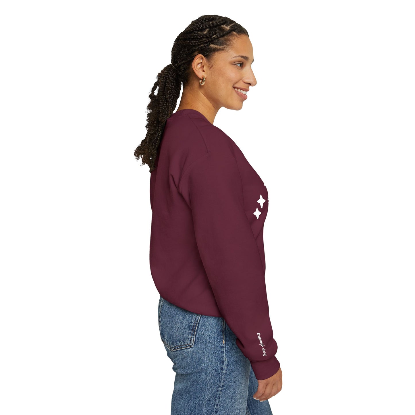 Stardust in Your Veins Crewneck Sweatshirt — "Keep glowing" Sleeve